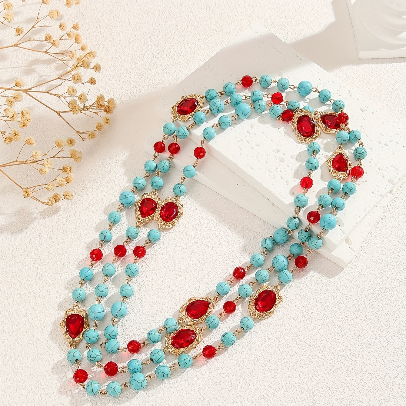 vintage boho inspired double layer necklace with synthetic turquoise and red gemstones handcrafted with plating party and vacation accessory ideal for thanksgiving and   2