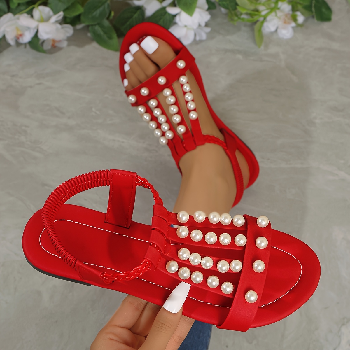 TEMU Sandales plates à une bride, modèle été 2026, sandales rouges et marron, une paire de chaussures plates élégantes, pantoufles rétro avec boucle