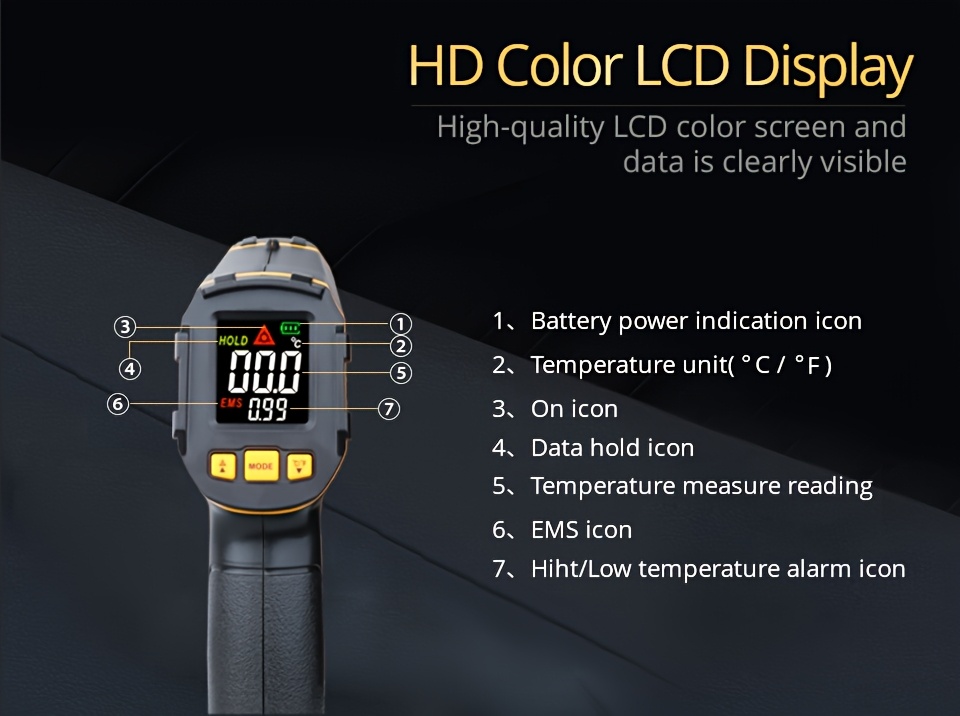 Non-Contact Infrared Thermometer with Humidity Monitor, 50°-490° Measurement Range, Color Screen Alert Function, ABS Plastic, Battery Operated - Ideal for Lab & Field Us