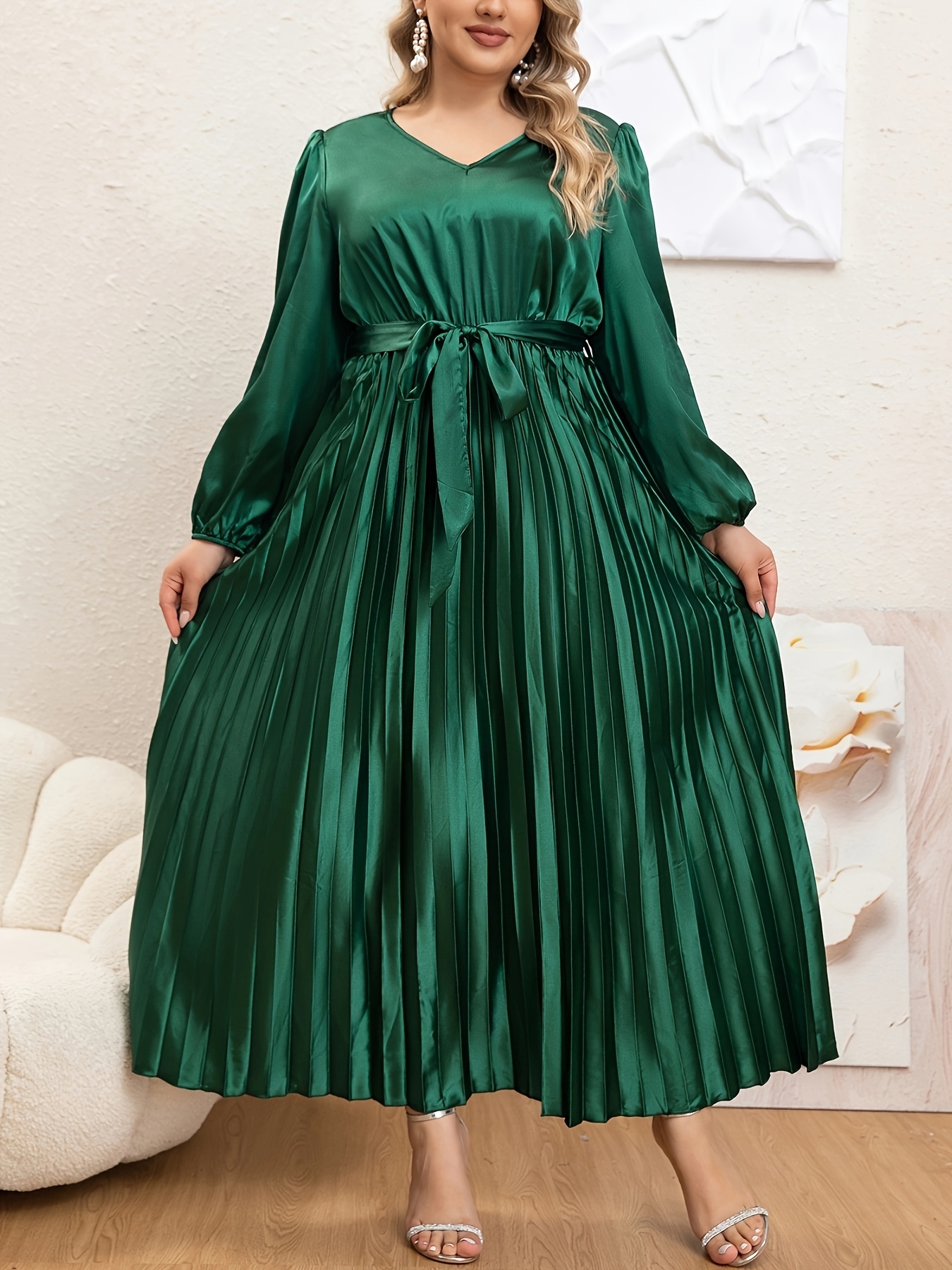 plus size elegant pleated v neck midi dress belt 100 - Temu