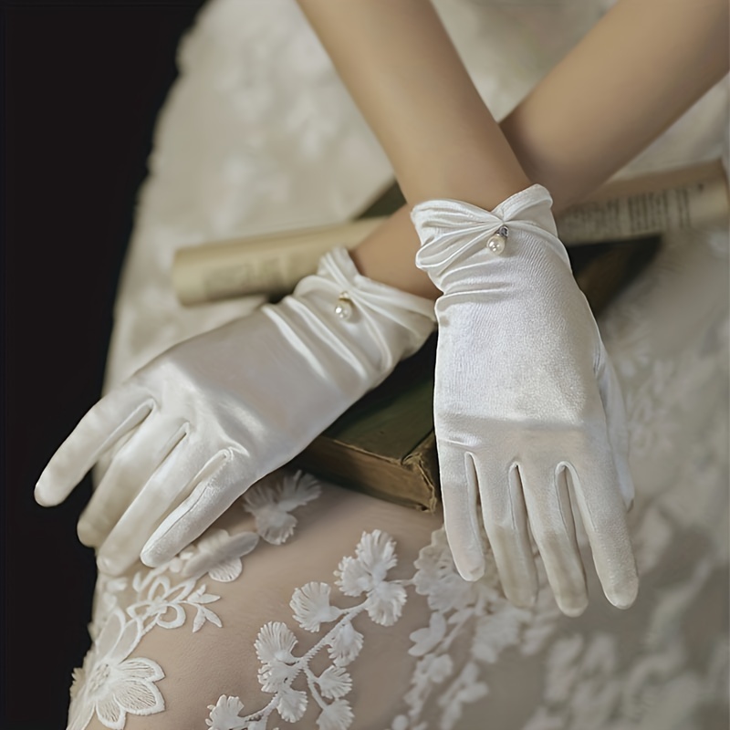 1 par de guantes blancos decorados con perlas falsas, elegantes guantes de  boda de gasa de satén, guantes decorativos para vestidos de novia, excelent