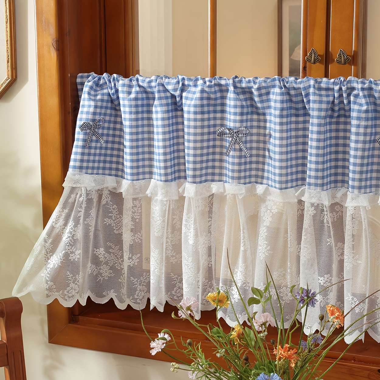 TEMU 1-panel Checkered Sheer Curtain Panel With Lace Ruffle Trim & Bow Accent - Suitable, Bedroom , Balcony, Rod Pocket, Machine Washable Fabric