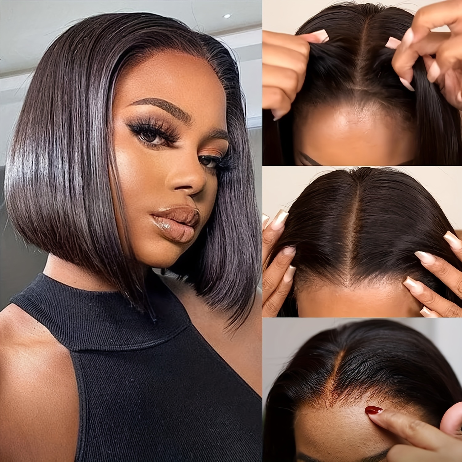 womens glueless bob wig 13x4 hd lace frontal 180 density straight human hair pre cut 8 14 inch details 7