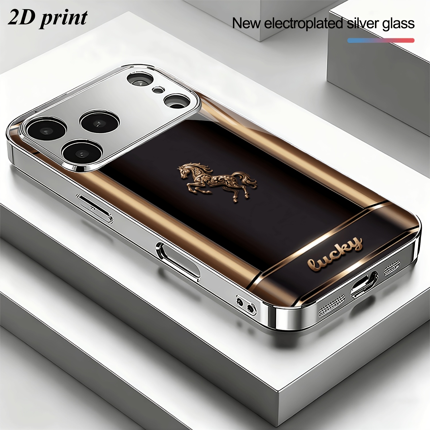 TEMU Custodia per telefono - Una custodia per telefono argentata gamma con un design in di un cavallo su sfondo , compatibile con iPhone 17/17 Pro/17
