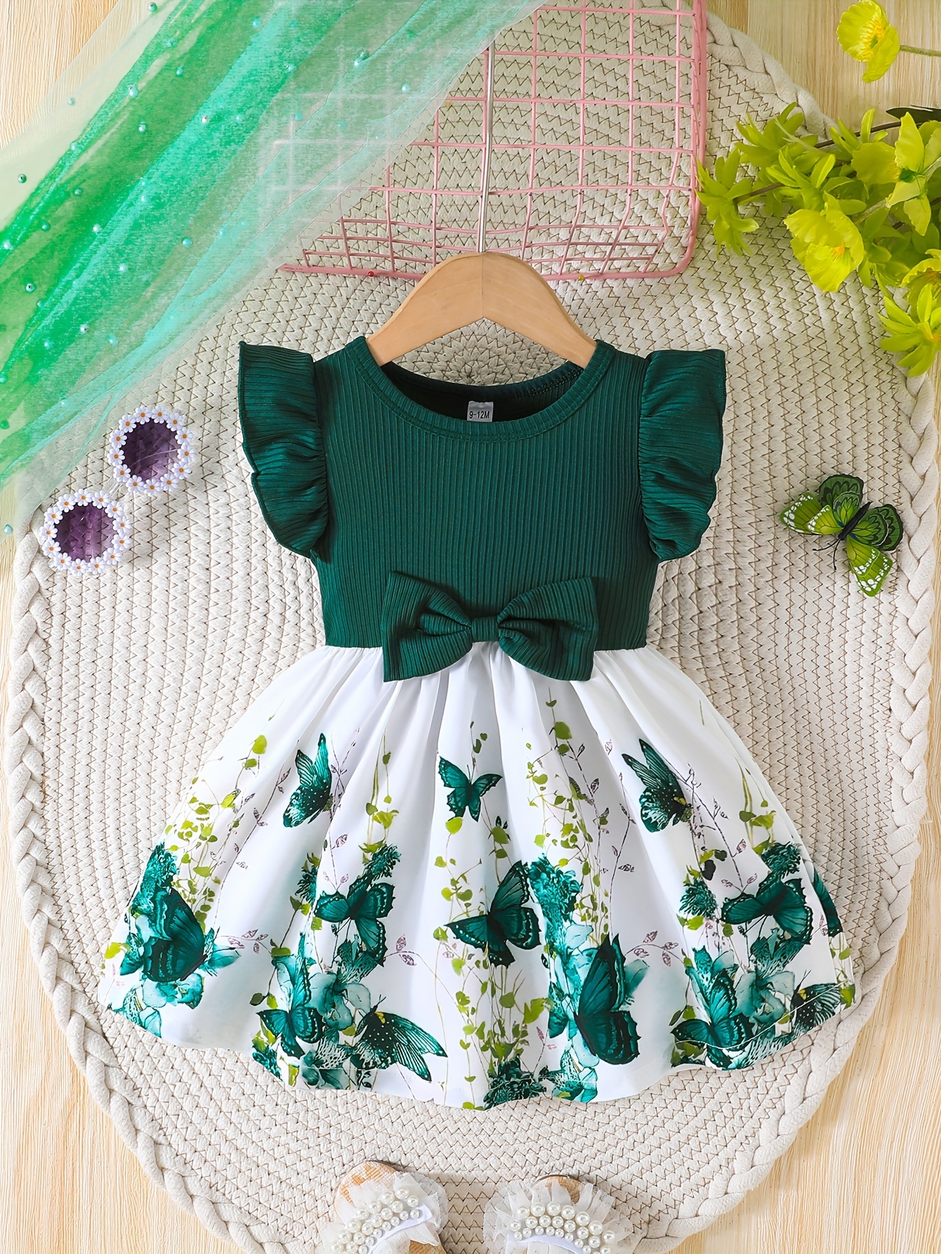 Girls' Spring/Summer Ruffled Sleeve Dress with Bow Detail and Elastic Waistband - Green Butterfly Print on White, Knee-Length, Machine Washable