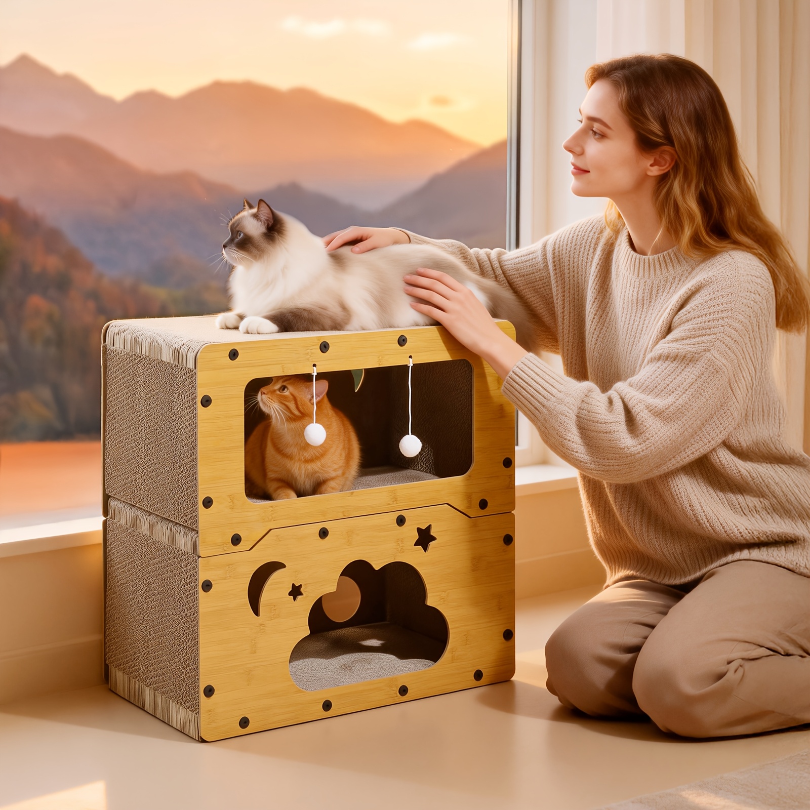 TEMU Tiragraffi per a forma di nuvola con cuccia in legno a - Arredamento multifunzionale integrato per animali domestici per graffiare, riposare e