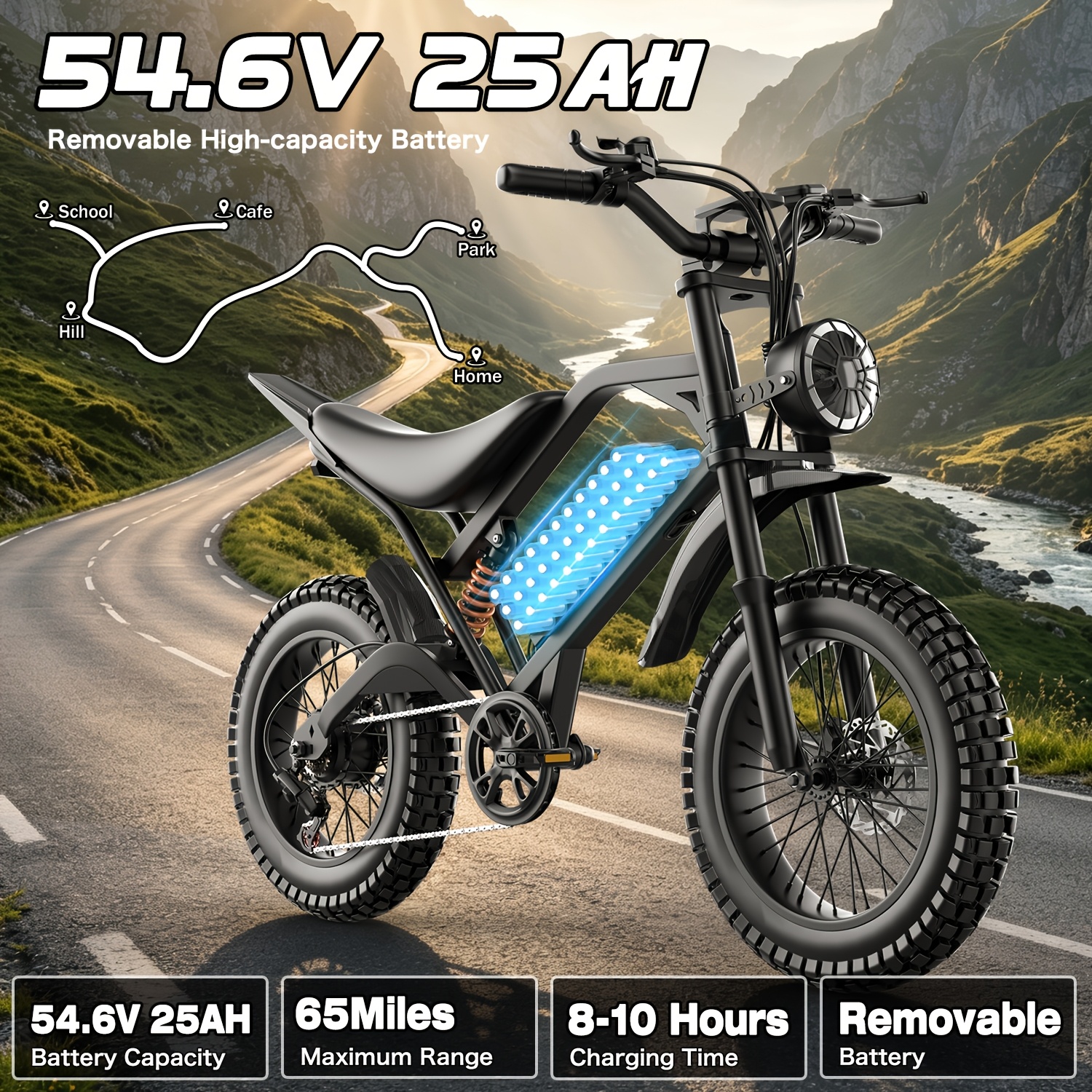 gt50-electric bike for adults teens, 749w   off-road ebike, 27.9mph and 65miles, 20 x 3in portable electric bike, dual suspension and dual brake, commuting ebike with long-seat, 365lbs Product details 1