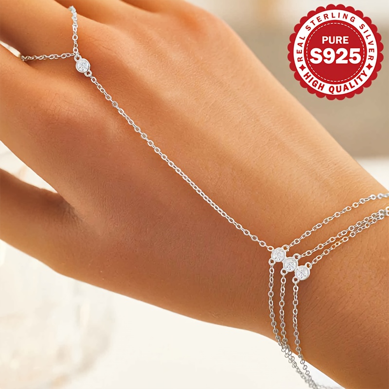 TEMU S925 Pure Silver Triple-layer Fashion Finger Chain - Elegant, Hypoallergenic, 3.2g - Perfect For Events