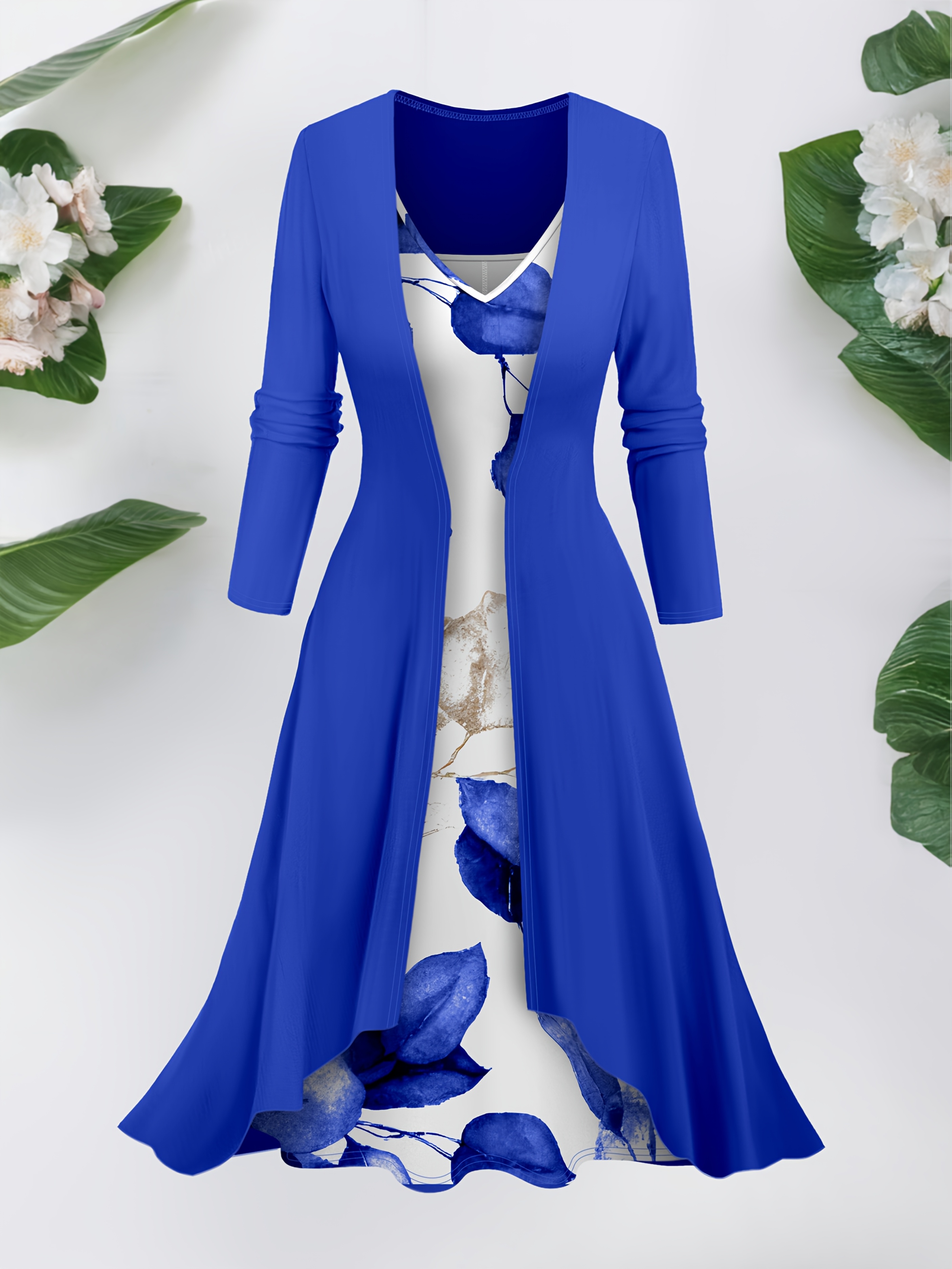 Plus-size dress set, stylish long cardigan with printed dress everyday  elegant 2pcs set