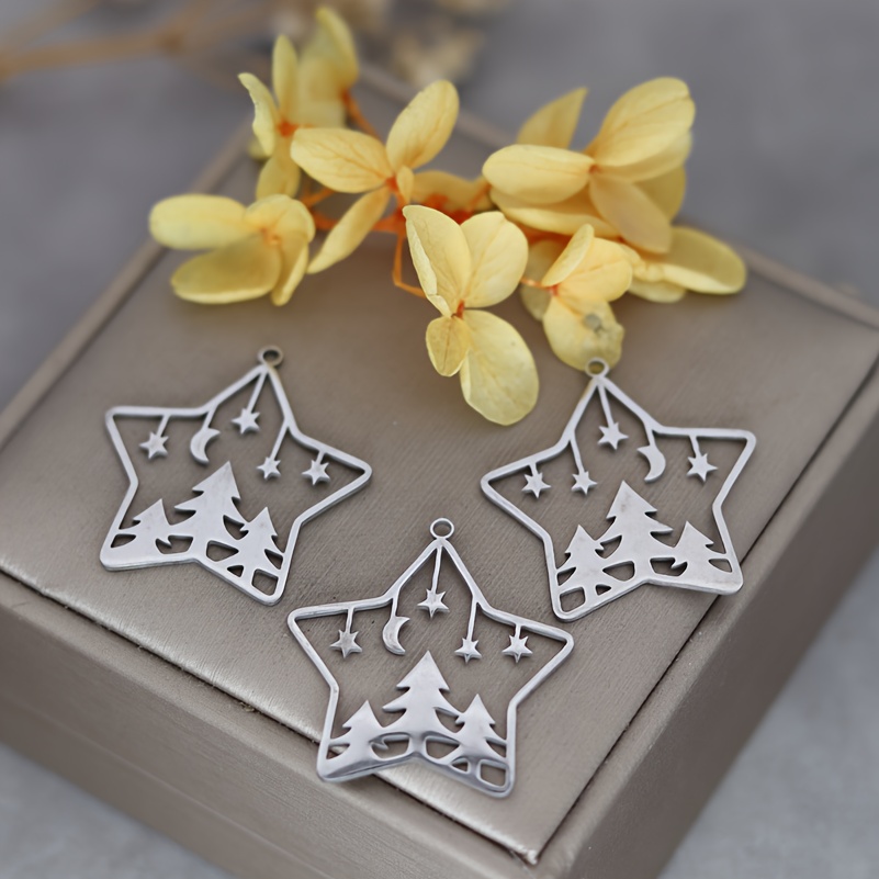 3pcs Stainless Steel Christmas Tree Moon And Stars Charms Pendant Additions Findings For Fashion Jewelry Making Handmade Craft Gift