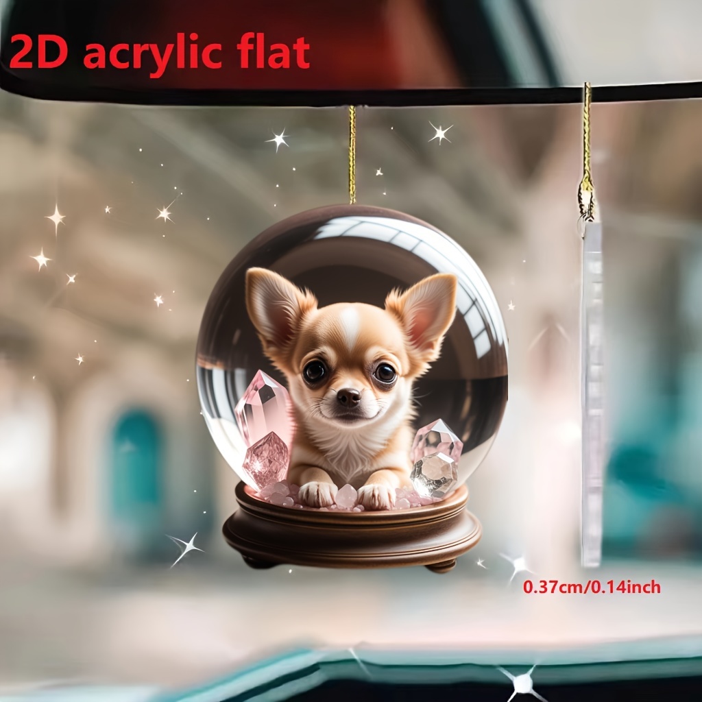 

2d Acrylic Christmas Snow Globe With Chihuahua Puppy And Pink Crystals - Classic Style, No Feather, Suitable For Home Decoration, Car Mirror, Bags, And Keychains