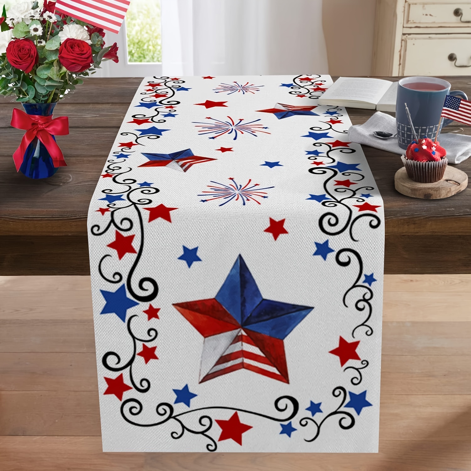 

Patriotic Table Runner - American Flag Stars & Stripes, Linen Dresser Scarf For & Memorial Day Decor, Holiday Parties & Coffee Tables, , Patriotic, Table Runners, Linen, Firework Decorations