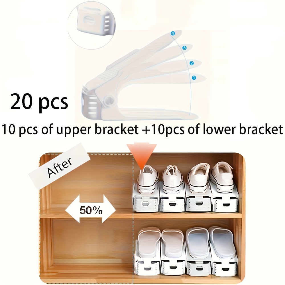 TEMU Étagère à chaussures 20 pièces, [10 supports supérieurs + 10 supports inférieurs] Organisateur de chaussures réglable, empilable transparente,