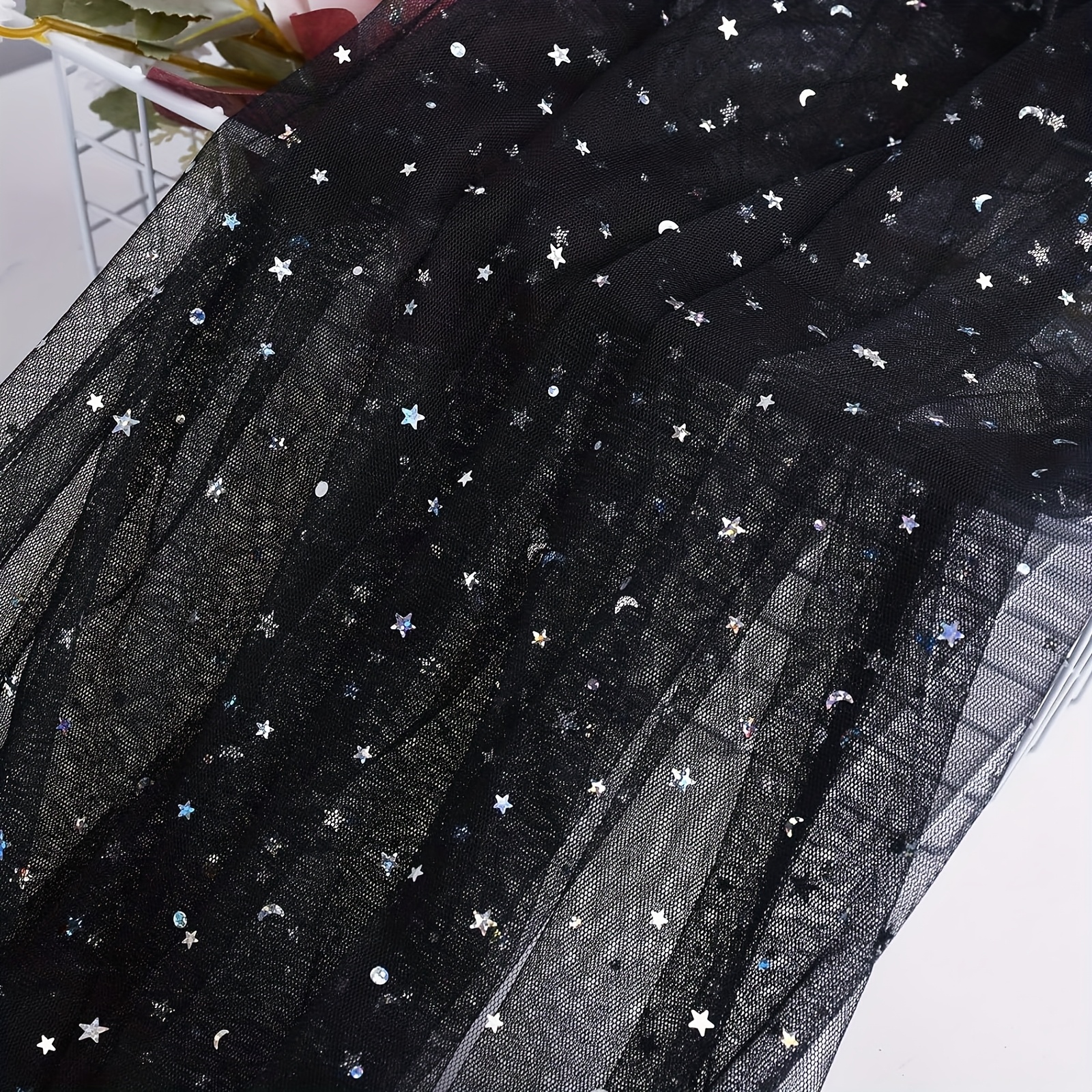 TEMU 59" X2 Yards Sequin Tulle Fabric- Star And Moon Laser Sequins Tulle, Tulle Fabric Sequin For Diy Christmas Party Decor Tutu Skirt Wedding