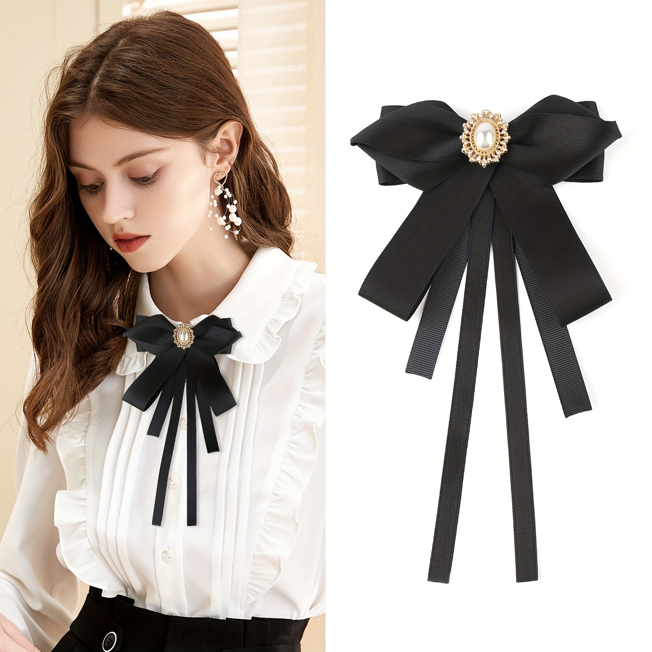 

Black Multilayer Bow Imitation Pearl Decorative Casual Jk Shirt For Women