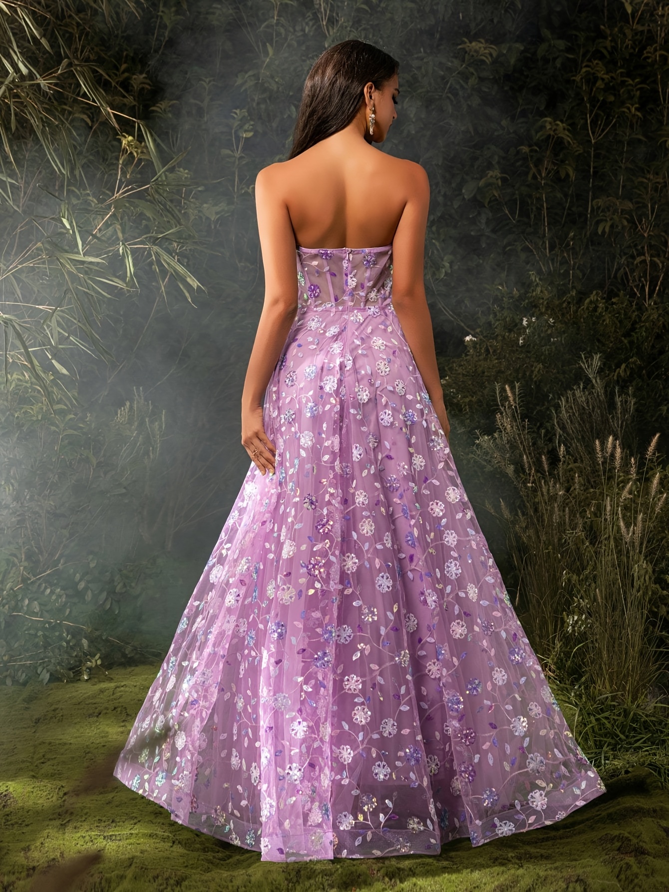 elegant strapless dress sheer mesh fishbone sequins - Temu