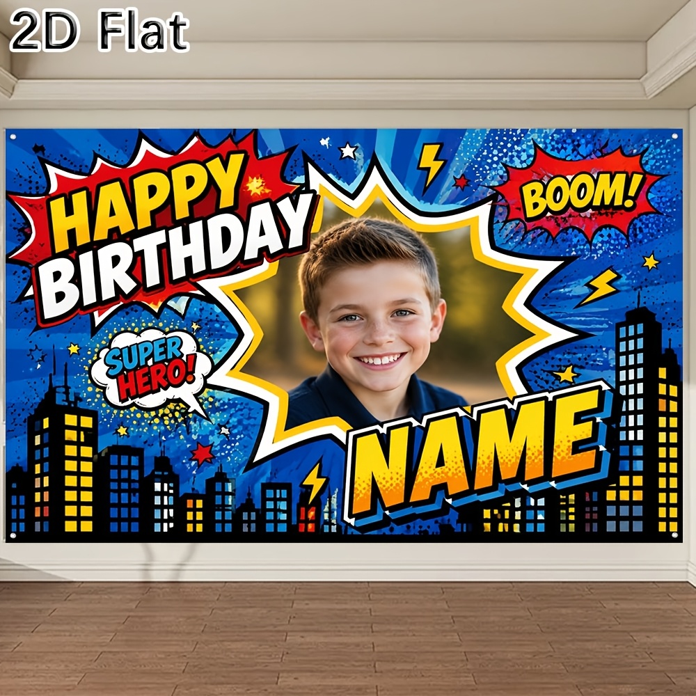 TEMU 2d Flat, 1pc 2d Flat Personalized Custom Birthday Party Banner With Superhero Comic Themed Print Supports Your Photo And Custom Name For Party