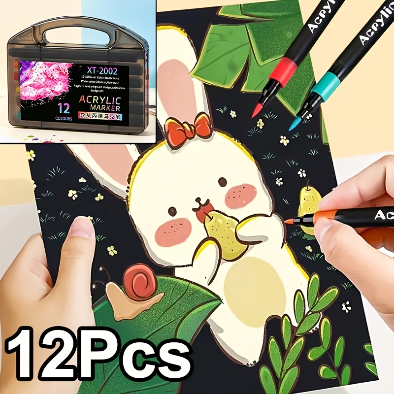 TEMU 12-color Acrylic Marker Signature Graffiti Watercolor Pen, Stackable Fine Tip - Suitable For Scrapbooking, Black Paper, , Ceramics, Glass, Wood,