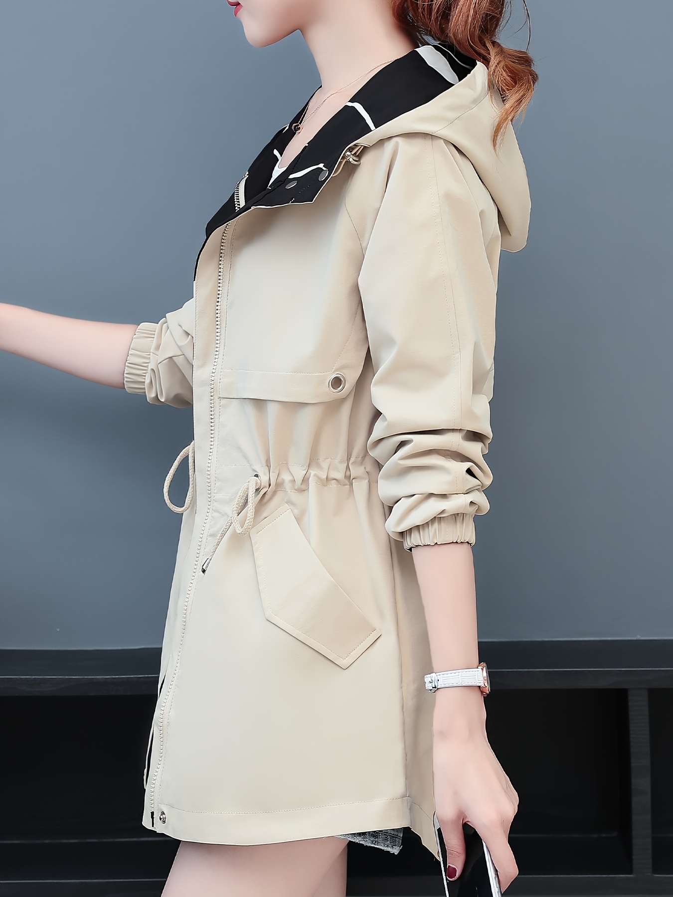 womens two way reversible raincoat hooded jacket zipper Temu - Main Image