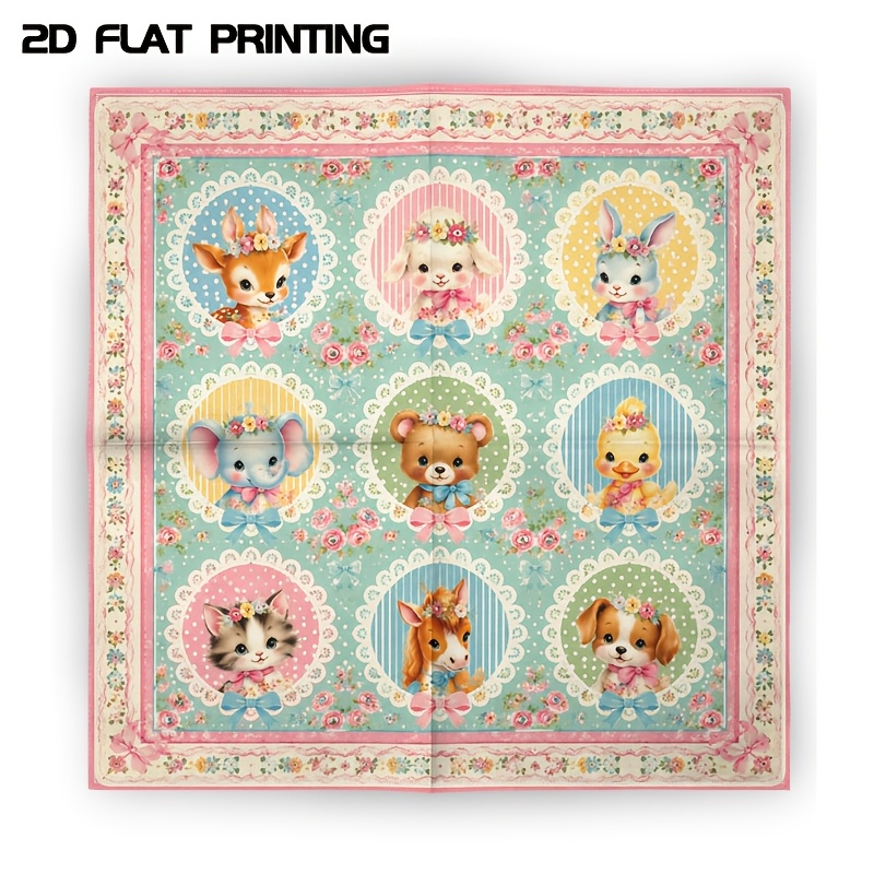 TEMU 1pc 2d Printed Square Scarf, Cute Animal Vintage Fashion Scarf And Neck Scarf, Cartoon Printed Hip-hop Trendy Headscarf, Sweet Floral Sports
