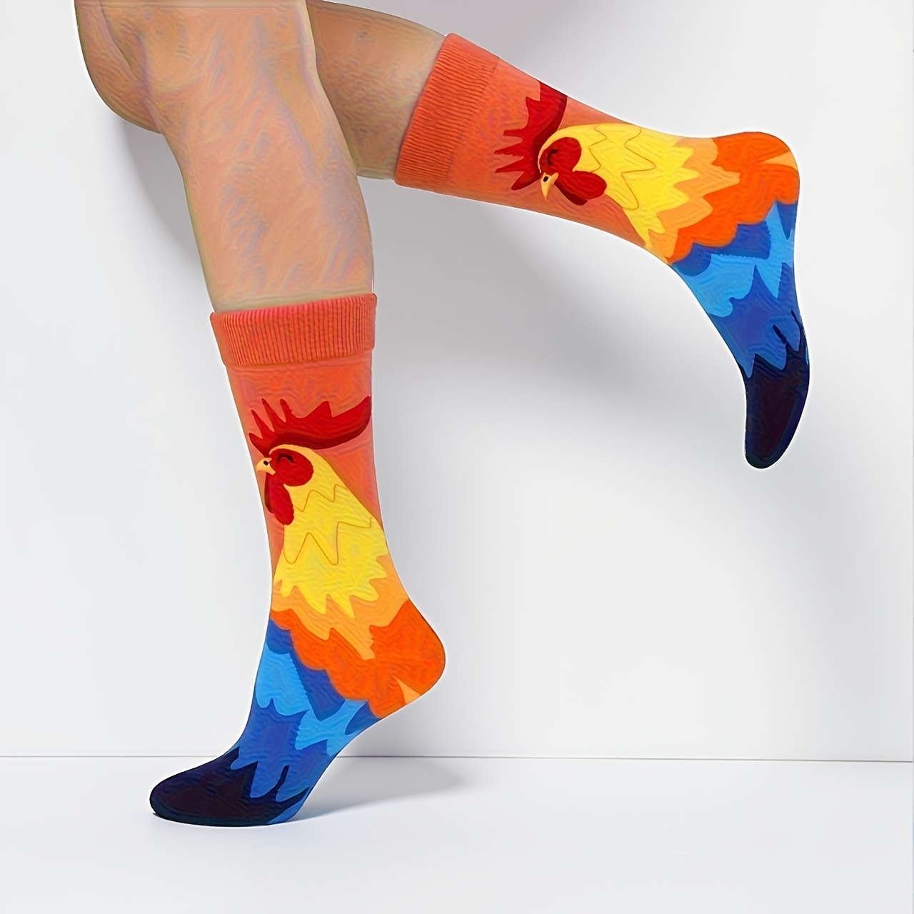 TEMU 1 Pair Of Autumn And Winter Christmas Multicolor Rooster Printed Women's Socks, Fashionable And Interesting Soft Socks Suitable For Sports.