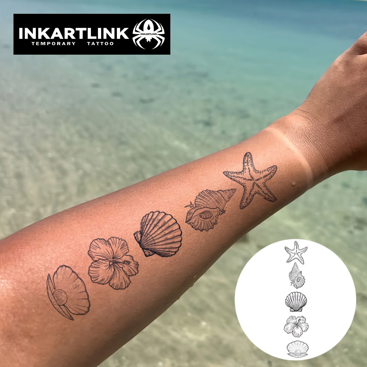 Inkartlink Ocean Tattoo Stickers 3 Shells + Starfish Design For Small Arm Wear Waterproof Lasts 1-2 Weeks