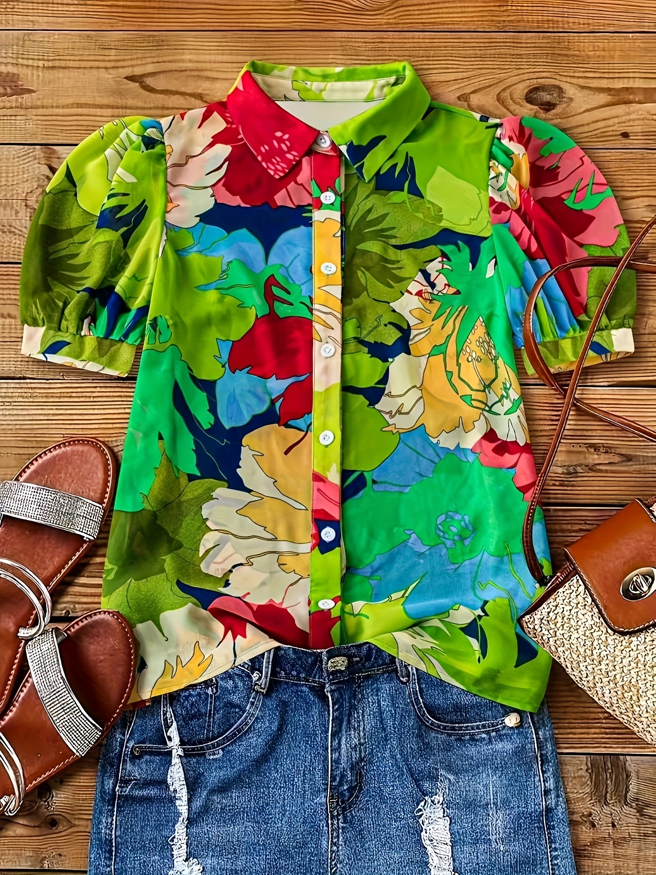camisa feminina de com estampa tropical e botões Temu Brazil