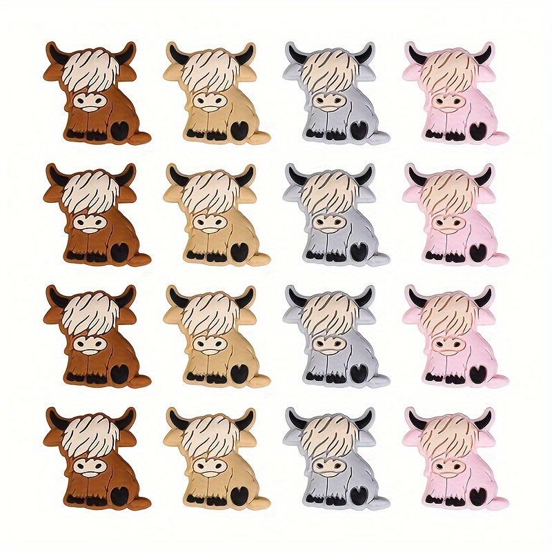 TEMU 16pcs Highland Cow Silicone Beads - Soft Cute Cartoon Animal Shaped Craft Beads For Making, Bracelets Necklaces Keychains, (brown, Yellow, Pink,