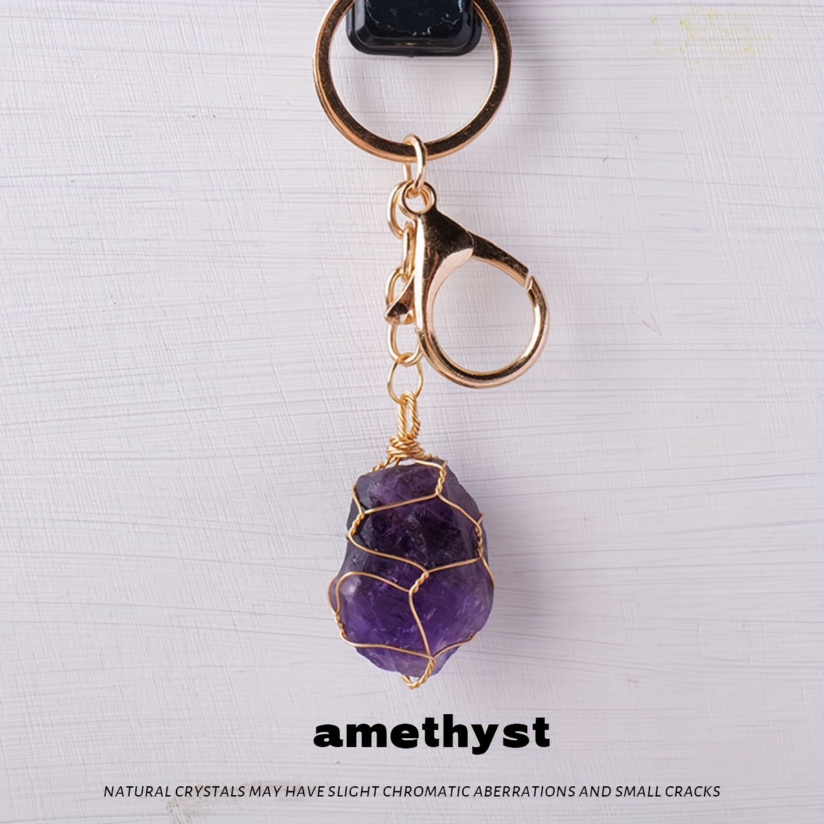 TEMU 1pc Stone Keychain With Hand-woven Golden Mesh Pouch & Lobster Clasp - Suitable For Diy Car Keychains, Natural Stone Beads For, Decoration,