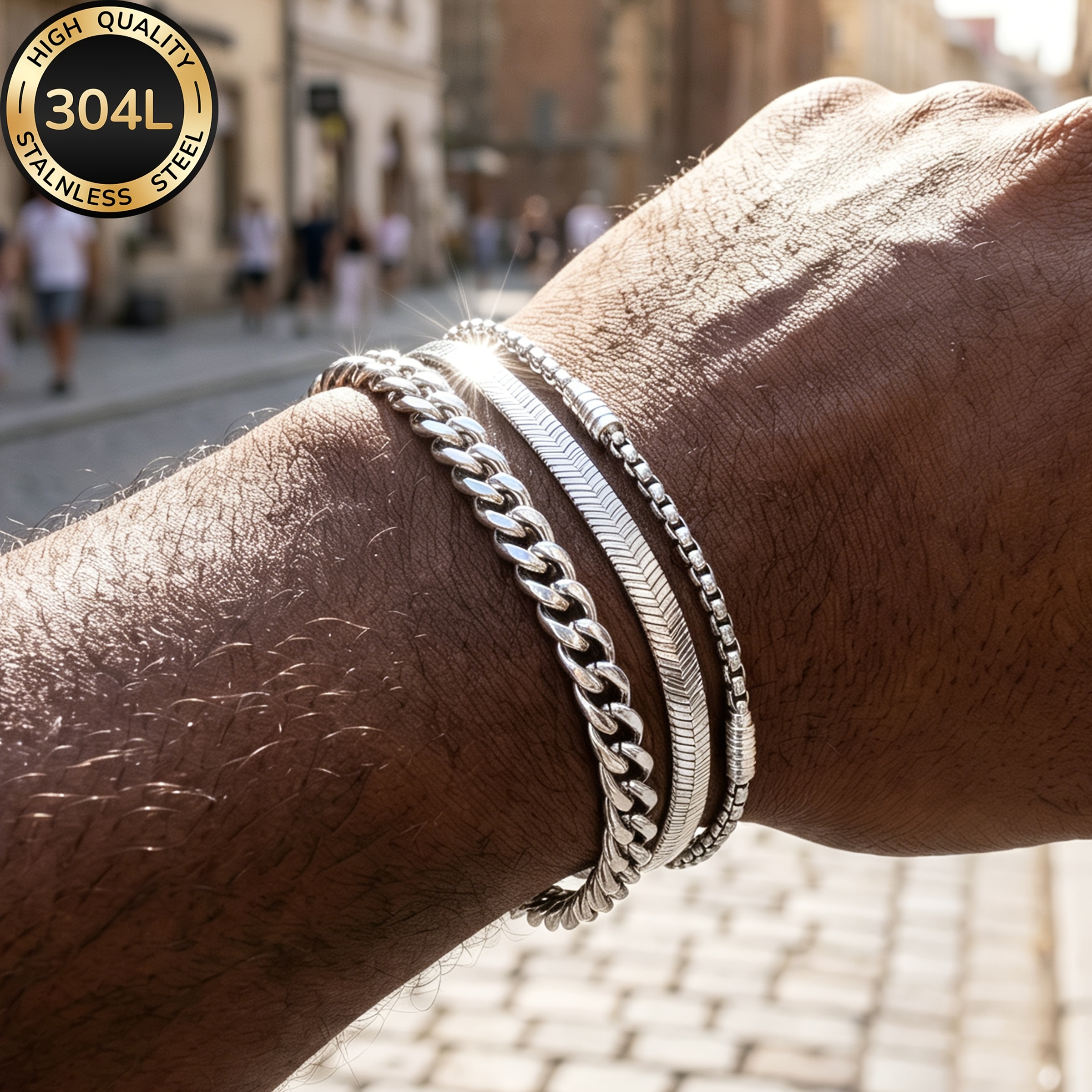Image of 3pcs 304l Stainless Steel Bracelet Set, Waterproof And Non-fading, Suitable For Men, Men's Jewelry Set, Fashionable Accessories, Suitable For Daily Wear, An For Holiday And Birthday Gifts