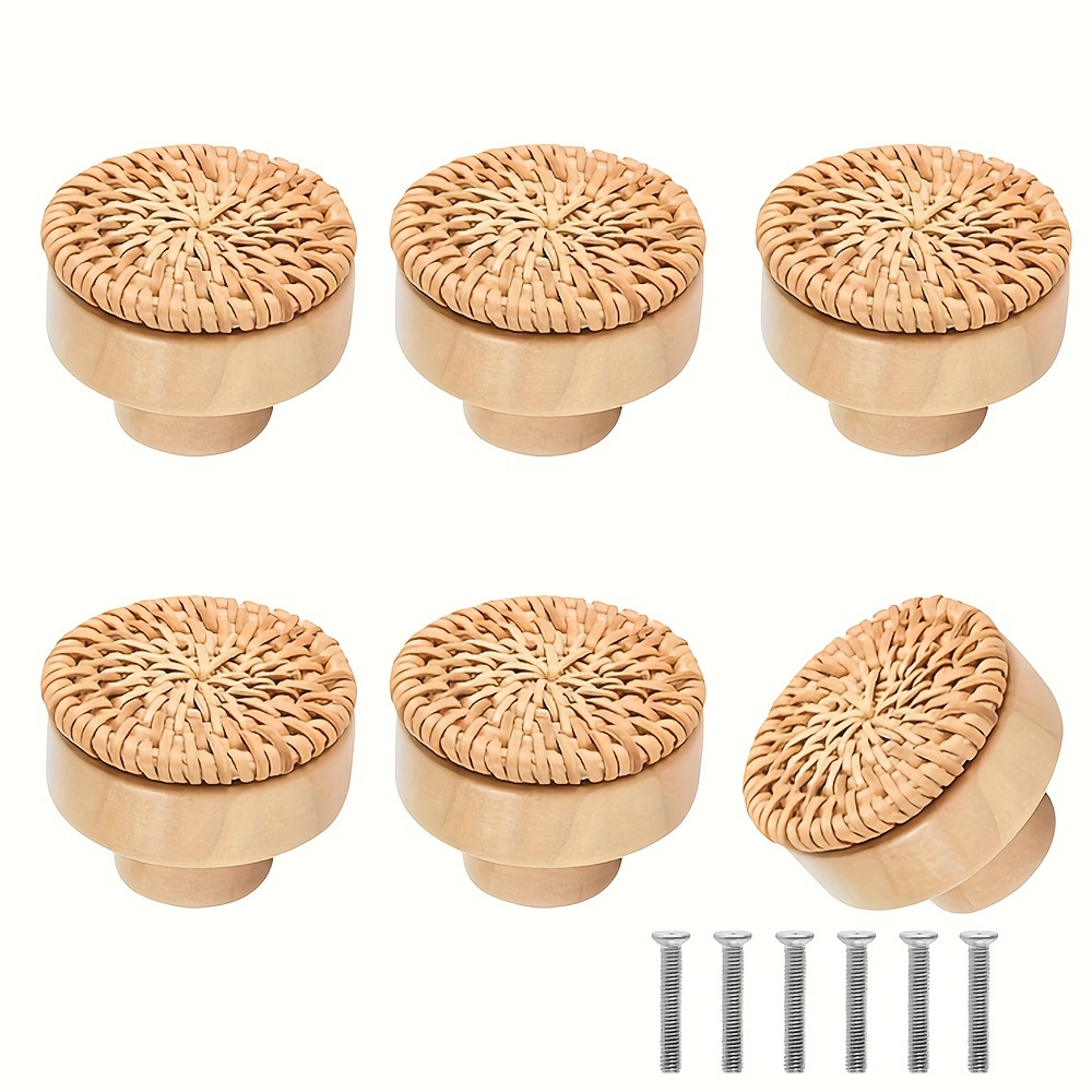 E-shop 6er-Set Bohemian Rattan Schubladenknöpfe - Elegante Handgewebte Holzschubladen mit Schrauben im Lieferumfang, für Küchen- & Badezimmertüren