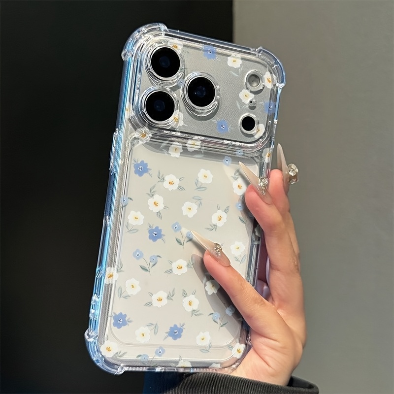 TEMU Coque de téléphone - Coque de téléphone en TPU souple antichoc avec airbag transparent, motif floral blanc et bleu frais, coque de protection