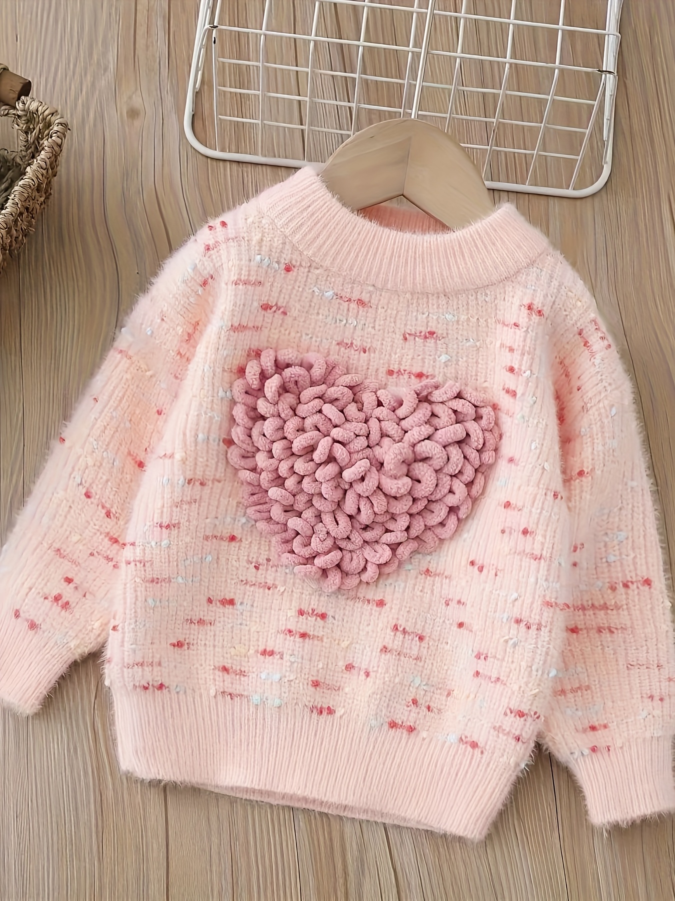 Girls' Knit Round Neck Heart Sweater for Fall and Spring