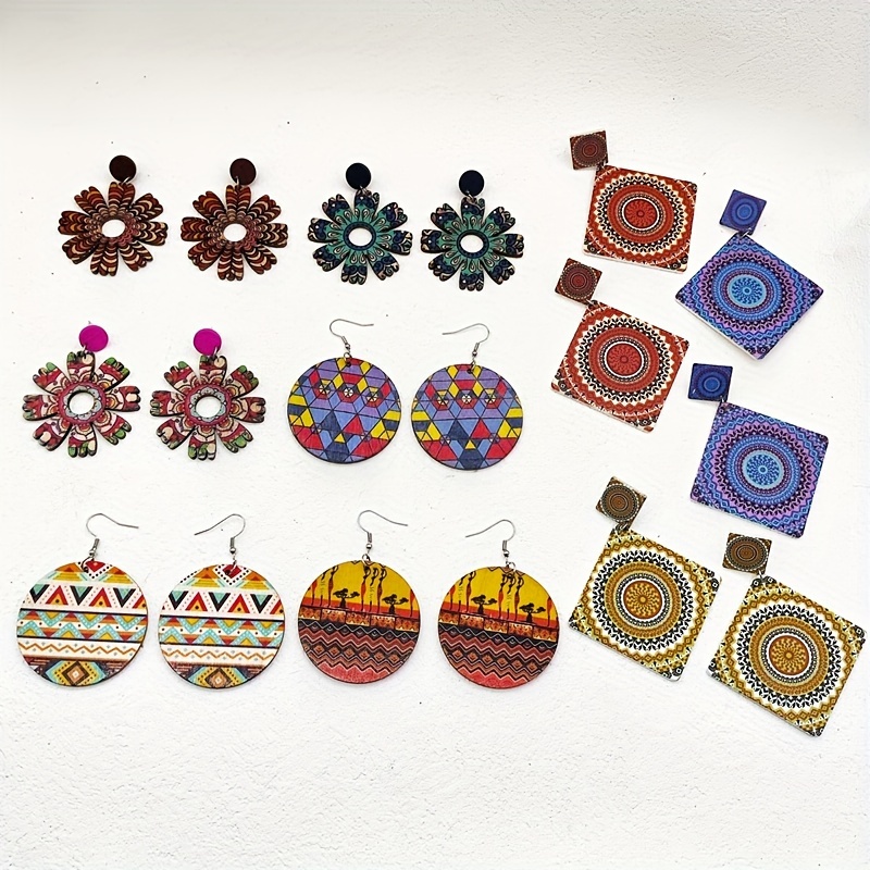 10 retro bohemian ethnic style colorful print wooden earrings fashion personal water drop geometry pendant womens earrings details 6