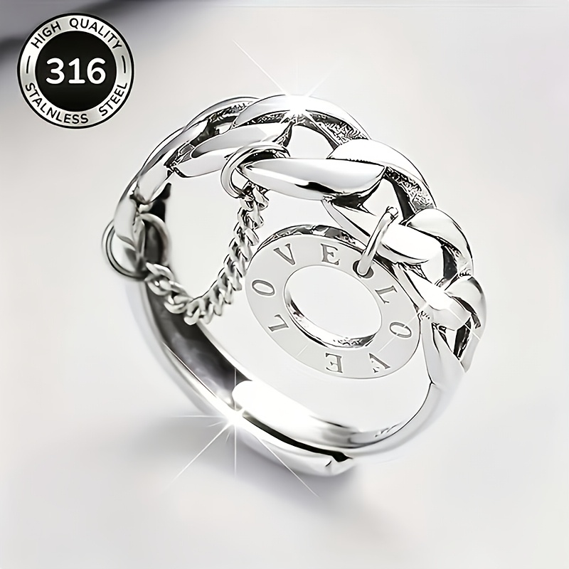 TEMU Anillo de mujer de acero inoxidable 316, de banda ancha, geométrico, minimalista, abierto y ajustable. Adecuado para festivales de , Pascua,