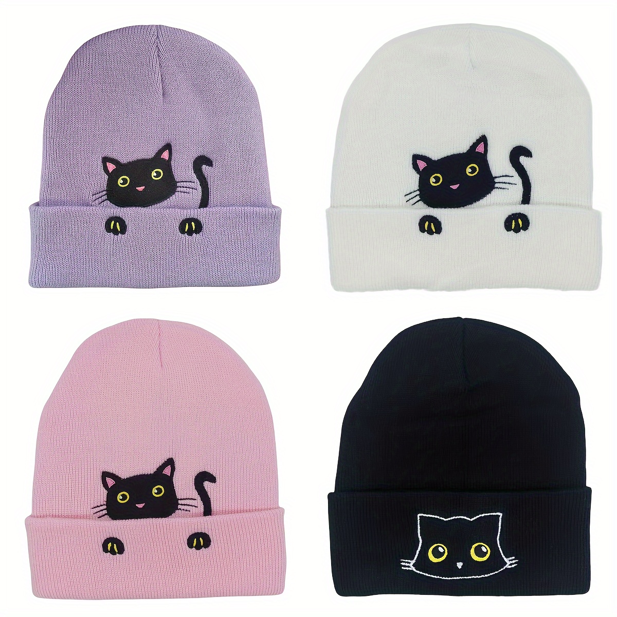 

Cute Cat Embroidered Beanie For Women - Breathable, Stretchy Knit Hat | Perfect Gift For Cat Lovers | Machine Washable