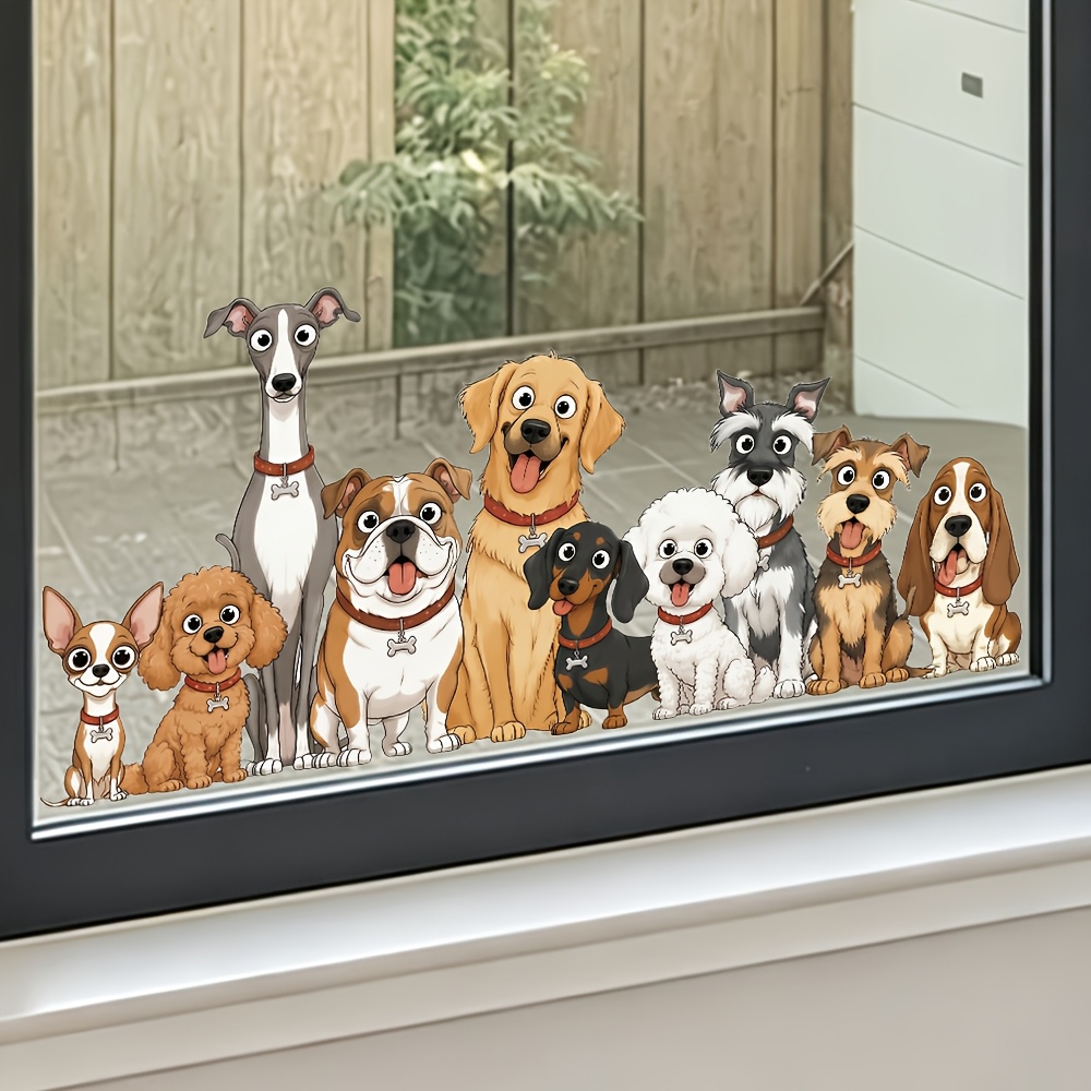 TEMU 1 autocollant de fenêtre pour groupe de chiens réalistes et mignons, autocollant de décoration murale en verre auto-adhésif avec motif de chiens