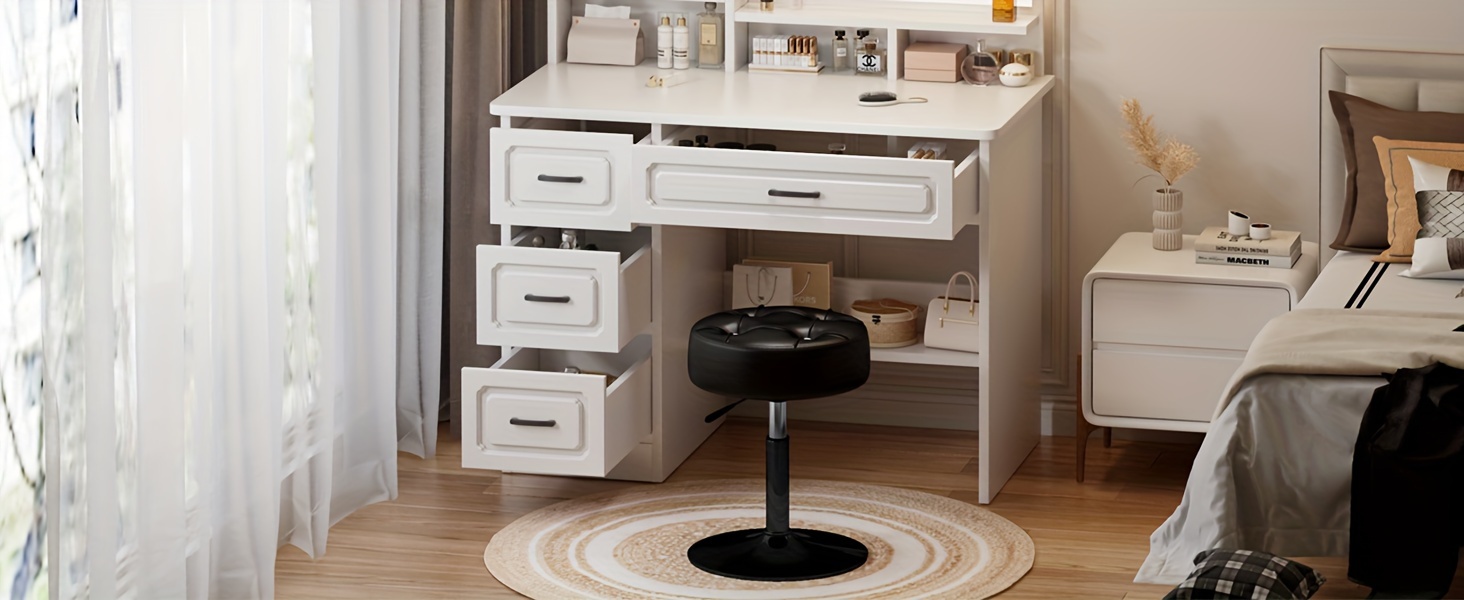 ACEQLYT Adjustable Vanity Stool, Faux Leather Vanity Chair For Makeup Room Bedroom, Round Makeup Chair Ottoman, Sturdy, Rust-Resistant And Easy To Assemble