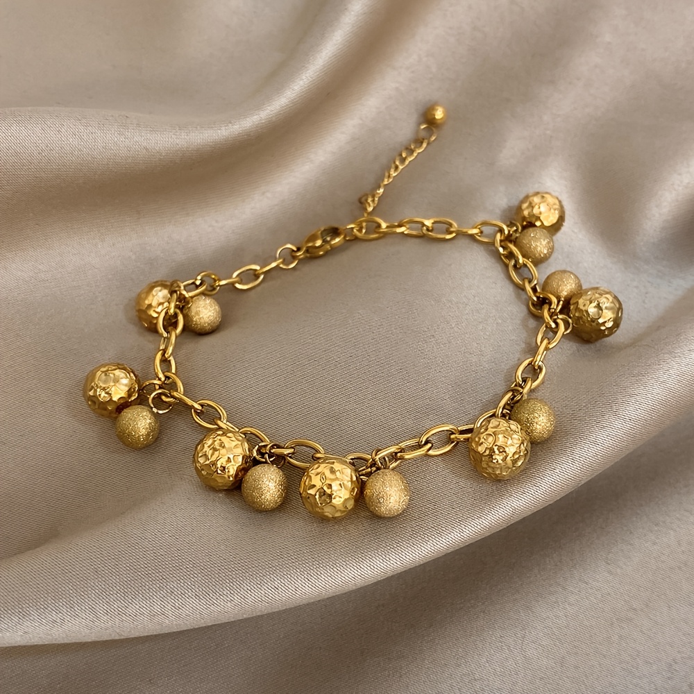 Image of Fashion Stainless Steel Mixed Textured Ball Charm Bangle Bangle Bracelet - Adjustable Chain With Vintage Edgy Design, Unique Jewelry Gift For Birthdays & Parties & Daily Wear
