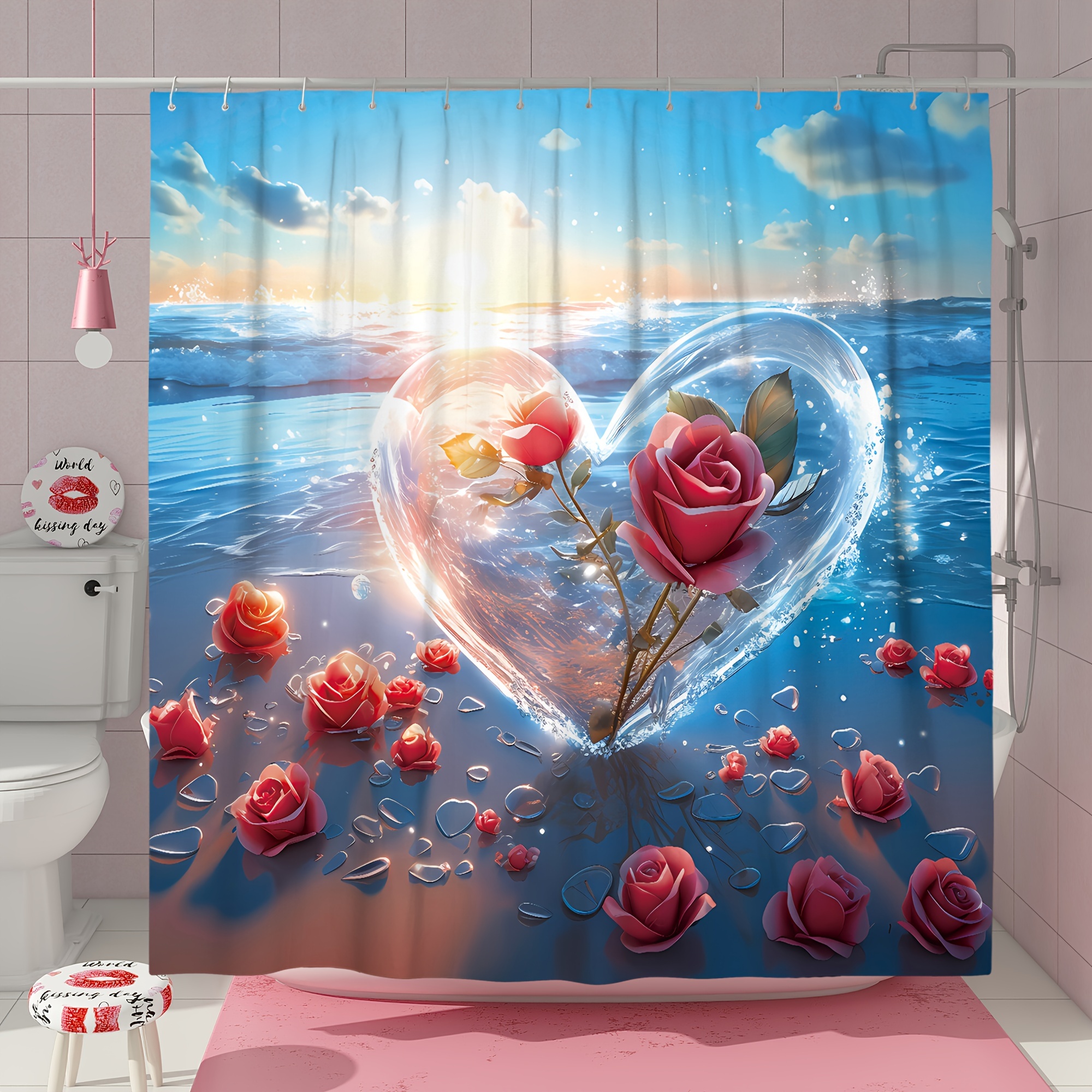 Rose Shower Curtain Red Waterproof Decoration Plastic Hooks - Temu