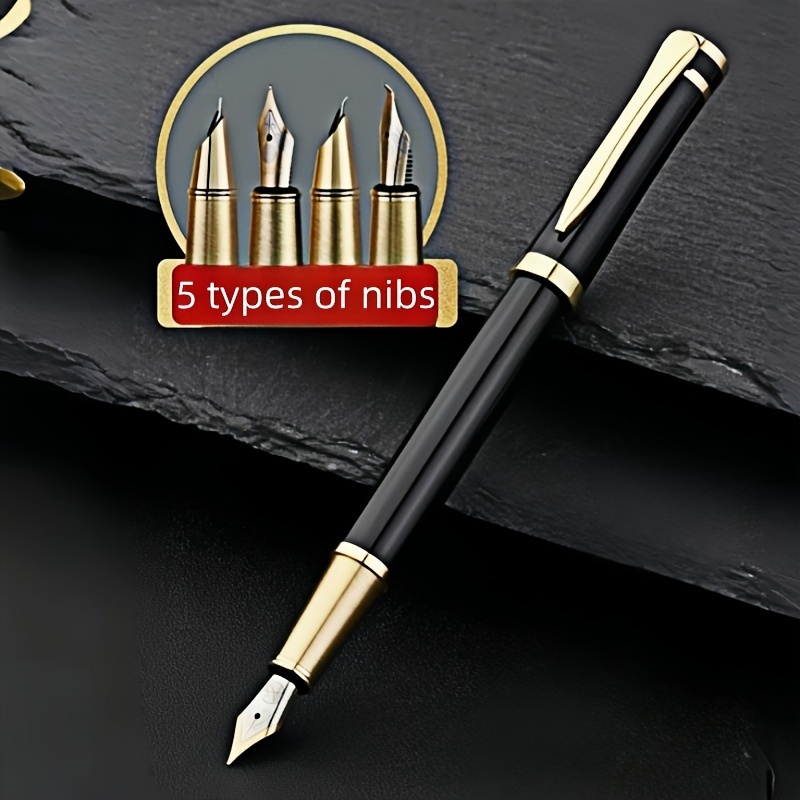 

5pcs Elegant Metal Fountain Pen Set With Snap Cap - Includes 5 Unique Nib Types, Medium Point, Black & Golden - Ideal For Business Professionals, , Fountain Pens For