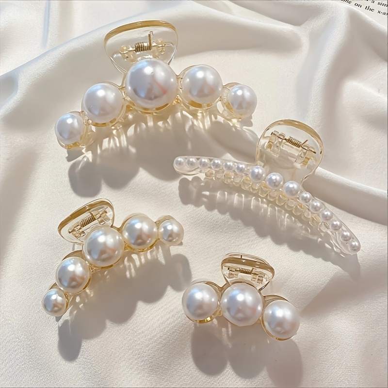 

4pcs Set Elegant Pearl Hair Clips, Medium Size, Pearl Accents, Plastic Hairpins, Solid Hair Accessories For Women