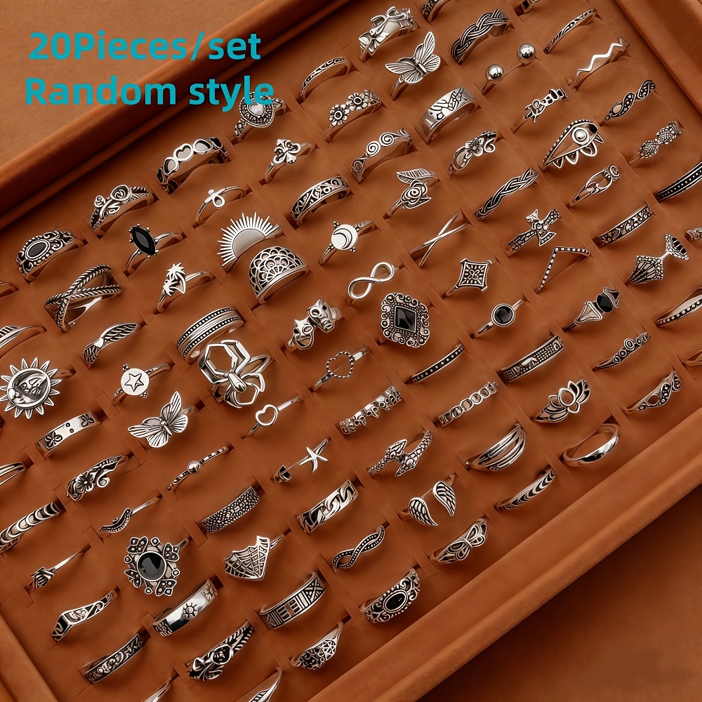 TEMU 20pcs/Paquete Retro Bohemio Geométrico Flor Anillo Hueco Set Estilo Apilable Regalo Día a Día Joyería Adiciones Estilo Aleatorio