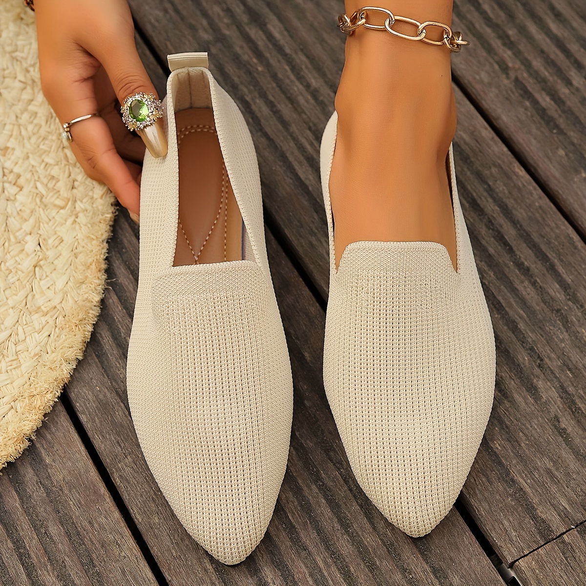 

Women's Knitted Flat Shoes, Solid Color Pointed Toe Soft Sole Shoes, Comfy Slip On Daily Wear Flats