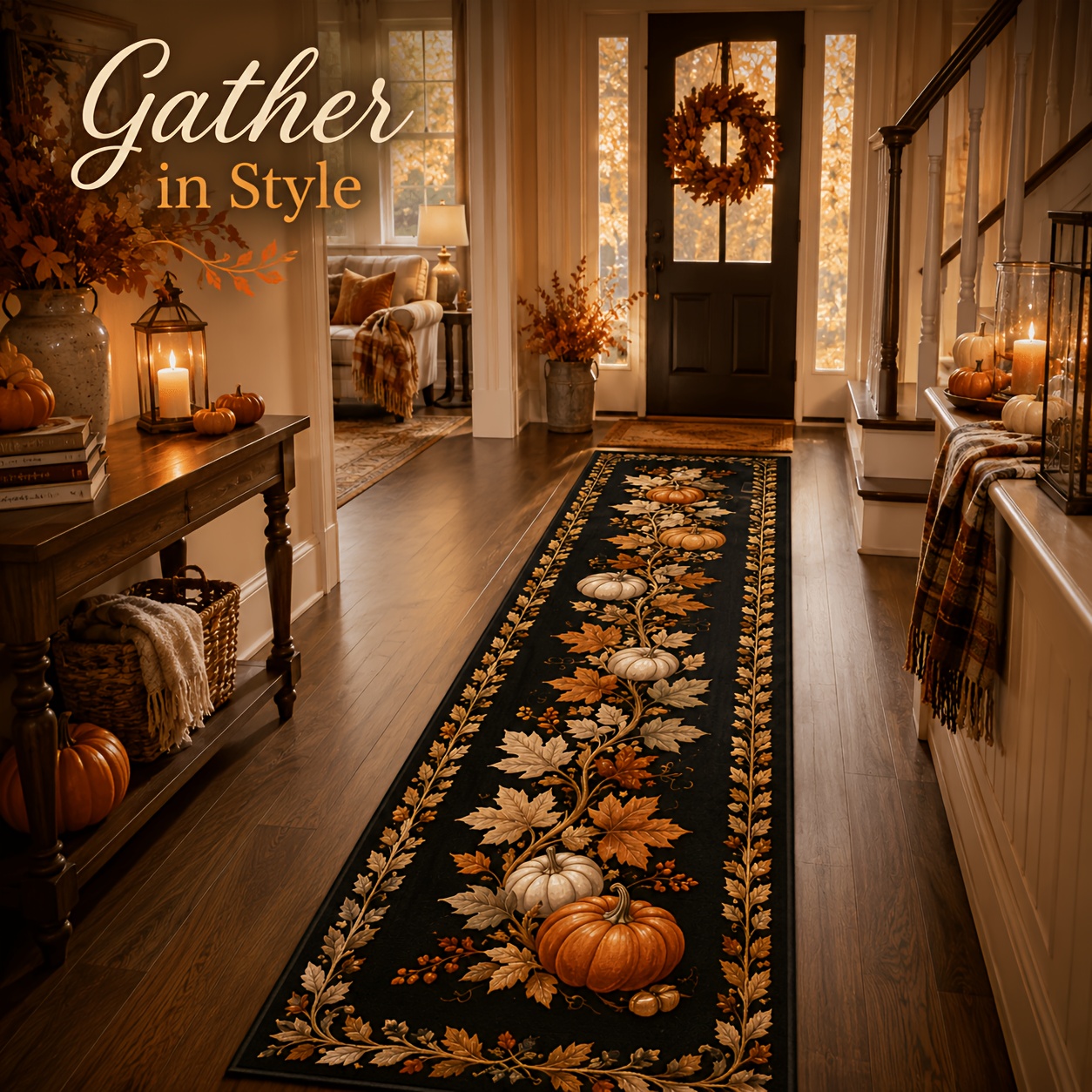 TEMU 1pc Halloween Christmas Autumn Thanksgiving Holiday Pumpkin Vine Pattern Velvet Long Runner Rug, Non-slip Long Carpet, Suitable For Foyer And