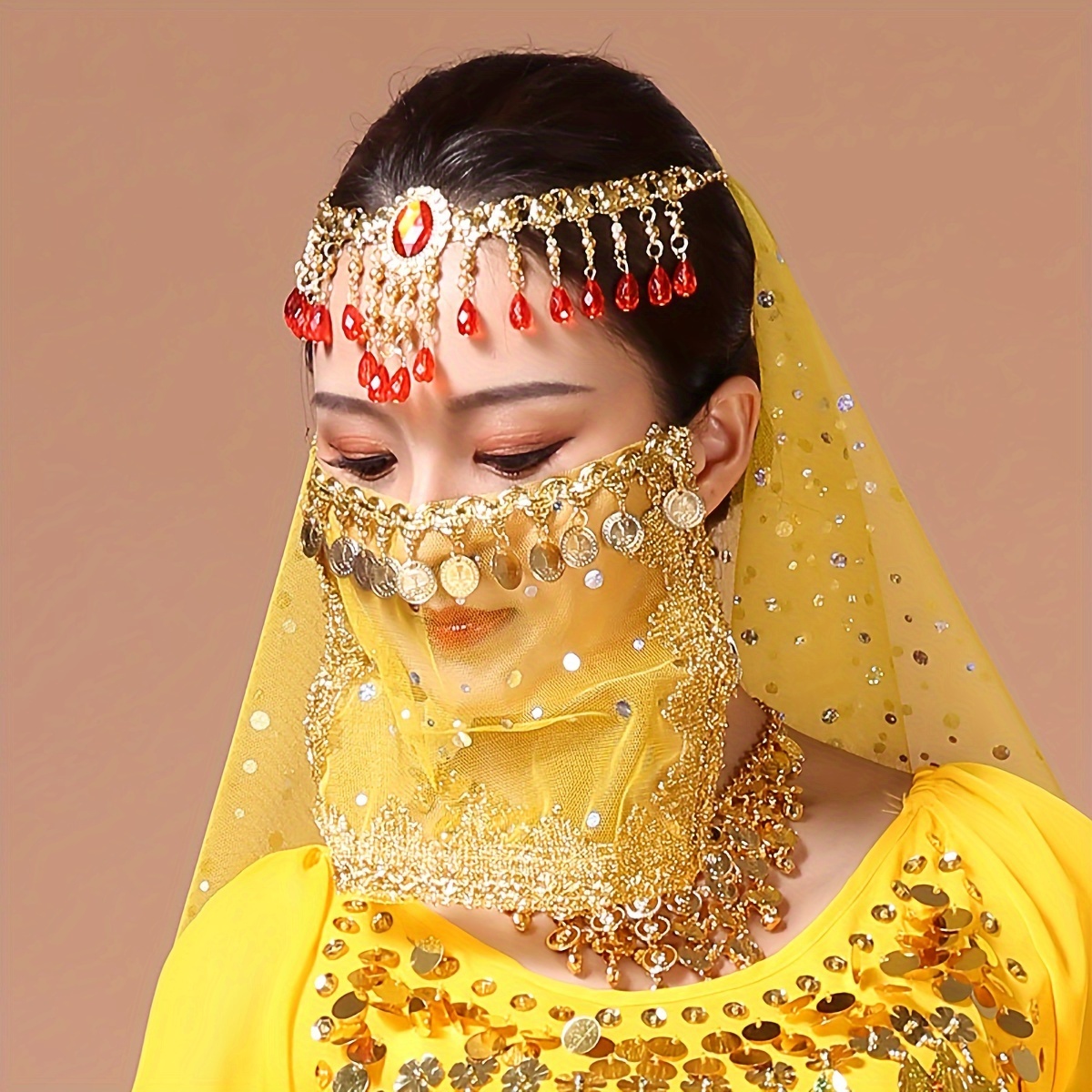 Performance Face Mask Belly Dance Coin Face Covering Veil Exotic Western Cospaly Dance For Women details 2