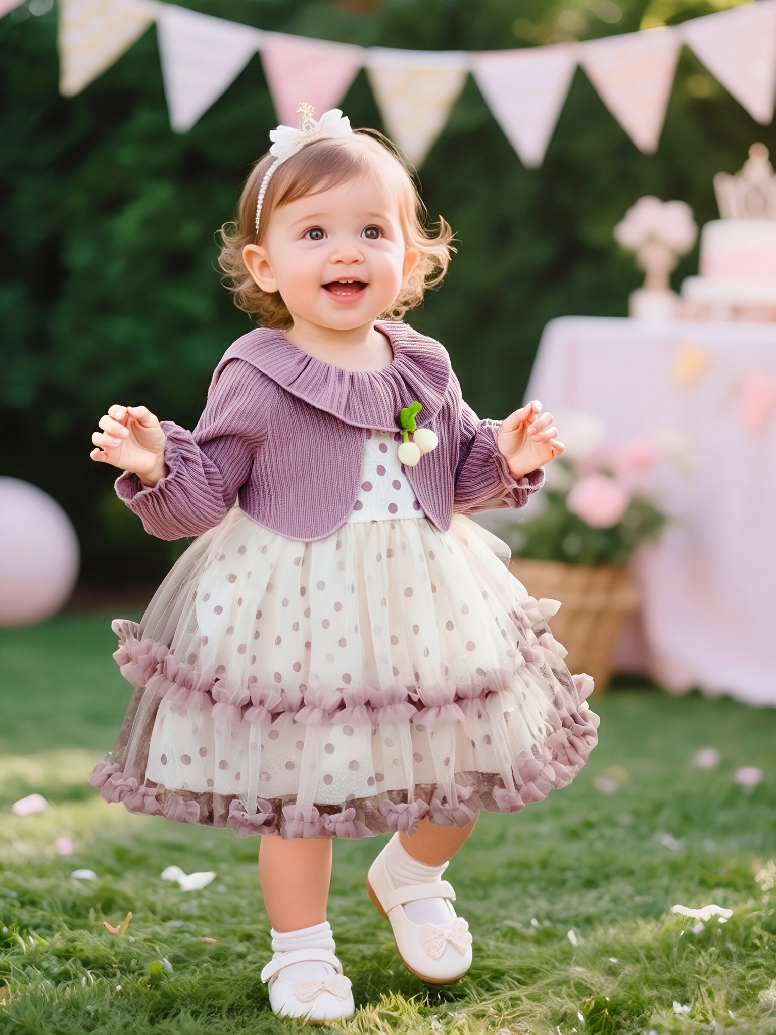 New Autumn/Winter Girls' Birthday Party Banquet Puffy Skirt, Sweet  Children's Lapel Cardigan-Style * 2pcs Polka Dot Long Sleeve Mesh Dress