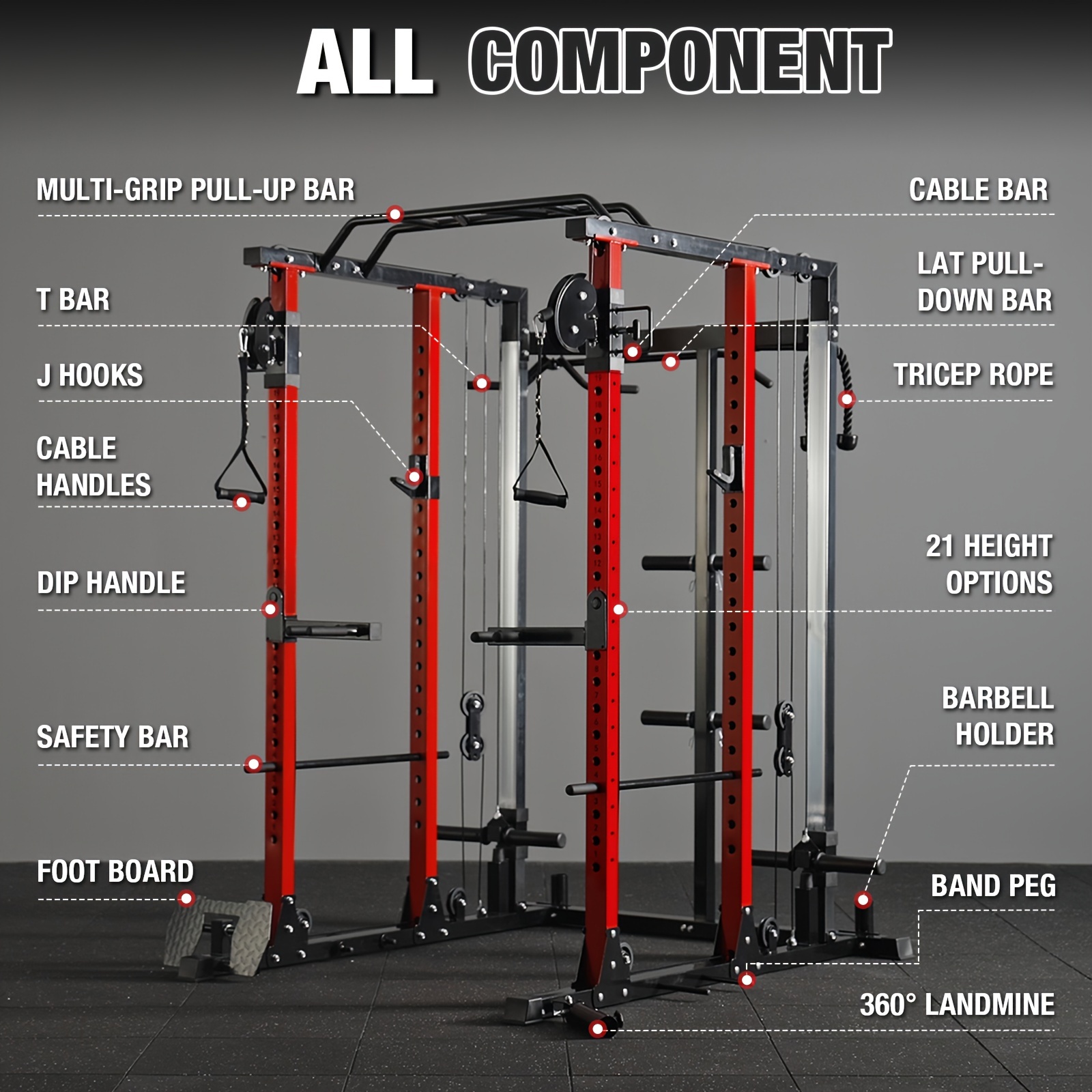 

Cage With Dual Cable System - Includes J Hooks, Dip Bars & - 2200lbs Capacity, Adjustable Height, Easy - Red