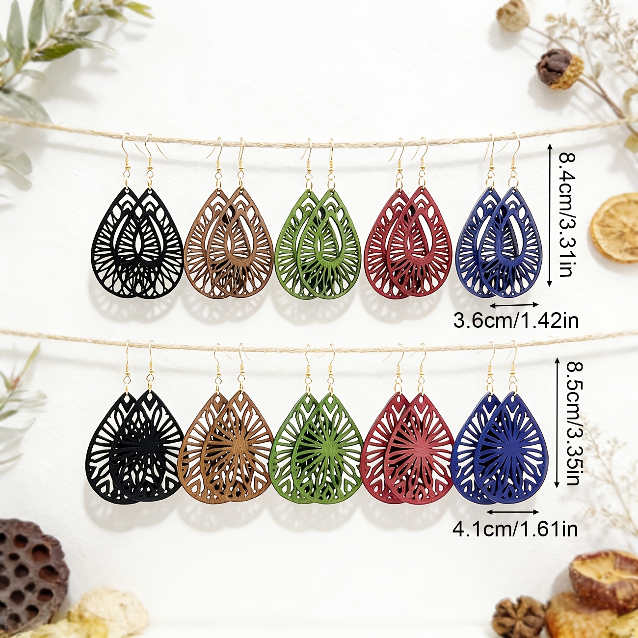 5 Pairs Vintage Geometric Wooden Pendant Earrings Set