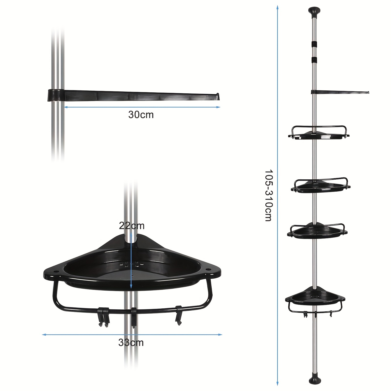 Image of Upgrade Sturdy Shower Caddy Tension Pole Corner Shower Caddy Bathroom Organizer With 4 Tier Plastic Shelf, 105-310cm Adjustable Bathroom Shelves For Bathtub Shampoo Storage (black), Shower Caddies